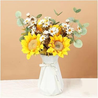 Imagem de DCYEQRQ Flores artificiais falsas girassol, simulação de flores, móveis para sala de estar, mesa de jantar, quarto, loja, decoração, buquê de plástico, seda seca (tamanho único)