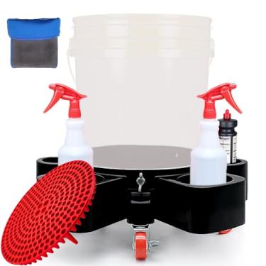 Imagem de KKYOYRE Carrinho pesado Warsh Bucket Dolly com inserção de balde e luva de argila para baldes de 5 galões, design estável, kit de ferramentas de limpeza de carro, facilita a lavagem do carro (vermelho