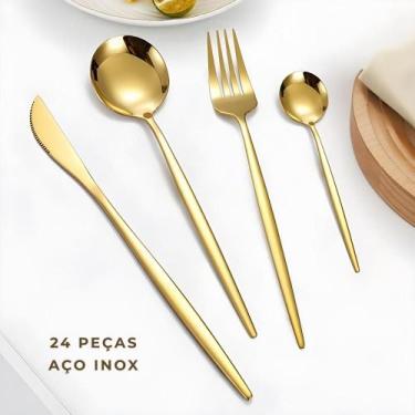 Imagem de Kit Conjunto Jogo de Talher 24 Peças Dourado Aço Inox Luxo Faca Garfo 
