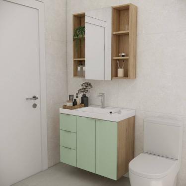 Imagem de Conjunto de Banheiro com Cuba 80cm Gaveta Esquerda Vittare Carvalho/Verde