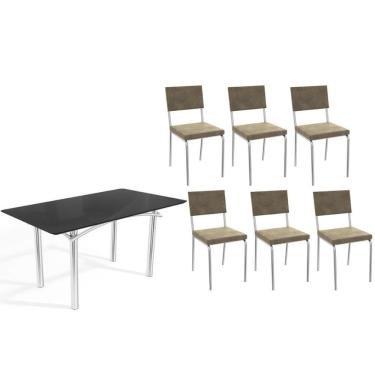 Imagem de Conjunto: Mesa De Cozinha Elba Tampo Madeirado C- Vidro 160cm E 6 Cadeiras Zaria Cromada-preto - Suede Bege - Kappesberg