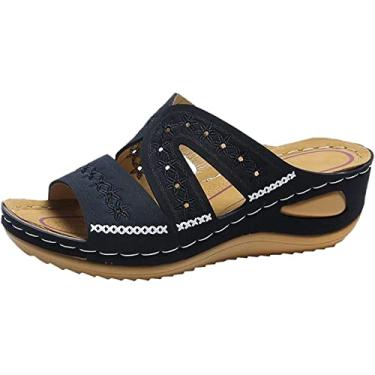 Imagem de Chinelos de salto plataforma bordada multicolorida com boca de peixe, Preto, 6.5