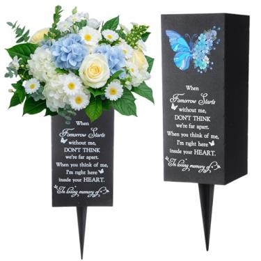 Imagem de Fiwochic Vasos de cemitério de metal para porta-flores de cemitério de túmulos com quatro furos decorações de túmulos vasos de borboleta memorial para perda de um ente querido