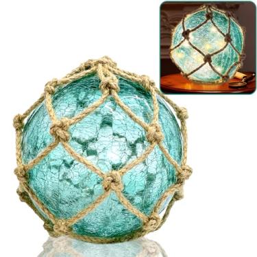 Imagem de Luz noturna flutuante de vidro verde de 14 cm, bola de vidro rachada, alimentada por bateria, decoração náutica costeira de praia, decoração de banheiro (verde)