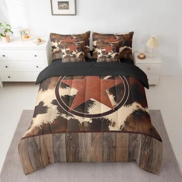 Imagem de jejeloiu Jogo de cama solteiro com estampa de estrela do Texas com estampa de estrela do Texas em uma bolsa para meninos e meninas, adolescentes, 7 peças, conjunto de cama de caubói, laranja, marrom