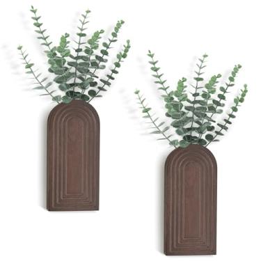 Imagem de Dahey Vaso de parede de madeira com eucalipto artificial, pacote com 2 vasos para pendurar plantas falsas de interior moderno boho casa de fazenda decoração de parede para banheiro, quarto, cozinha
