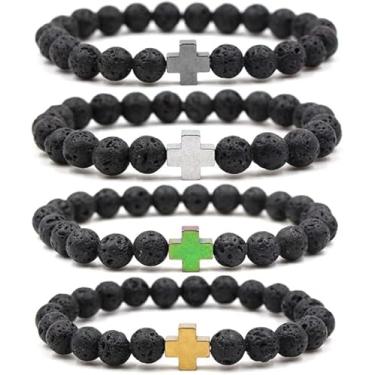 Imagem de Conjunto de 4 pulseiras elásticas delicadas com cruz vulcânica com contas de pedra vulcânica para mulheres e homens, pulseira fosca de cura minimalista moderna gótica para o dia das bruxas para
