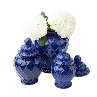 Imagem de 8 potes de gengibre texturizados Oak Lane, 3 tamanhos, rosa, azul claro, marinho ou branco, cerâmica, vaso de decoração de casa com LId (azul marinho, GG 21 x 21 x 35 cm)