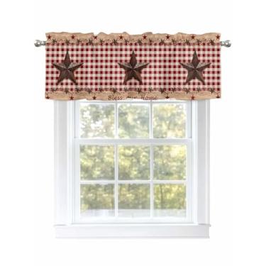 Imagem de Cortina xadrez vermelha vintage Texas Star para janelas com textura de madeira de fazenda para janelas de sala de estar/banheiro, cortina de café com bolso de haste. 1 painel, 137 cm × 45 cm