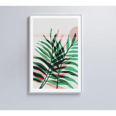 Imagem de Quadro Pintura Folha Verde E Rosa 2 40x60 Cm Tecido Canvas