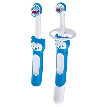 Imagem de MAM Baby Kit Com 2 Escovas de Dentes Learn to Brush, 1 Com Cabo Alongado e 1 Com Cabo Curto, para Crianças de 5+ Meses Com Cabo Ergonômico e Fácil de Segurar, Azul
