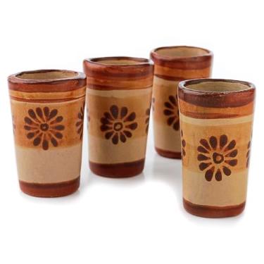 Imagem de ECONIA - Copos de dose Tequila - Conjunto de 4 copos mexicanos de terracota - 59 ml - Argila natural - Barro - Design Agave - Pintado à mão - Argila não esmaltada (flor)