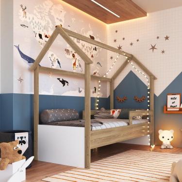 Imagem de Cama Infantil Montessoriana Casinha Menino Menina Solteiro Com Proteção Lateral Aveiro Com Branco