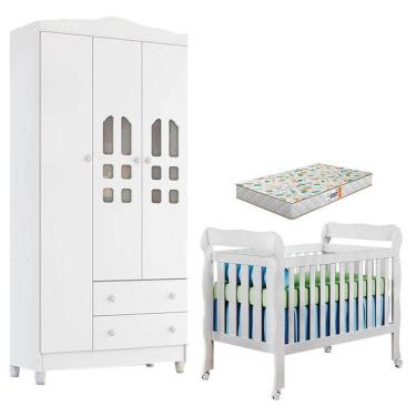 Imagem de Berço Americano Lila E Guarda Roupa Infantil New Selena 3 Portas Branco Brilho Com Colchão Gazin – Carolina Móveis