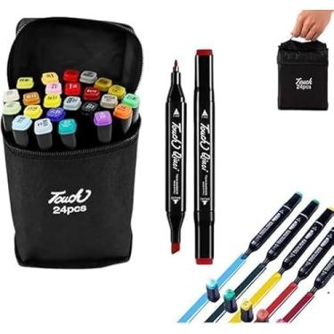 Imagem de Conjunto de Canetas Marcadores Artísticos 24 Cores Vivas Pontas Duplas, com Estojo Preto