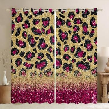 Imagem de Cortinas de janela com estampa de leopardo rosa para adolescentes e mulheres adultas, cortina de pele de animal selvagem para quarto, cortinas de glitter ouro rosa para sala de estar, cortinas de