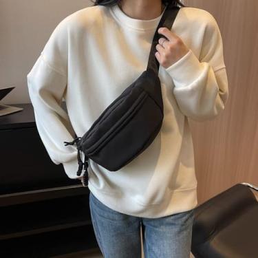 Imagem de Bolsas de cinto para mulheres, modernas, versáteis de nylon, pochete leve, transversal, ajustável, estilosa, bolsa de cintura no peito, Preto, Tendência