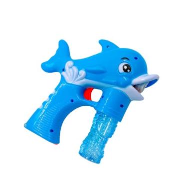 Imagem de Pistola Lança Bolhas de Sabão Golfinho Azul, LED com Música, Plástico, 17x18x6.5cm, Inclui 2 Refis, Funciona com 3 Pilhas AA