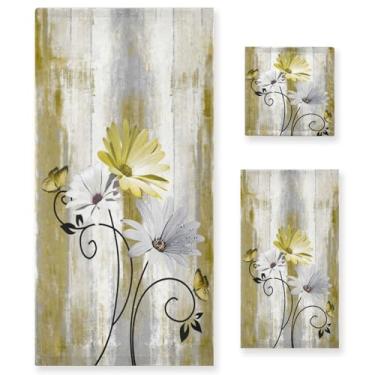 Imagem de AIYOOLER Conjunto de toalhas de banho de margarida branca amarela, conjunto de 3 toalhas de flores de borboleta rústica, 1 toalha de banho, 1 toalha de mão, 1 toalha de banho, 1 toalha de banho, 1