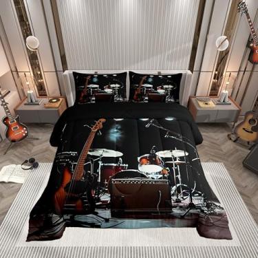 Imagem de Conjunto de cama solteiro retrô de tambor para crianças, decoração de quarto de meninos e meninas, tema rock, 2 peças, enchimento de edredom musical, 1 fronha