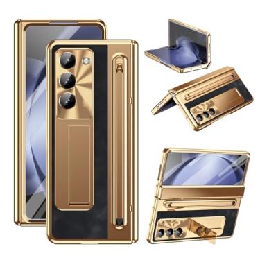 Imagem de Capa protetora com dobradiça e película de vidro e couro sintético para Samsung Galaxy Z Fold 7 6 5 4 3 Fold 6 Fold 5 (para Samsung Galaxy Z Fold 5/dourado e preto)