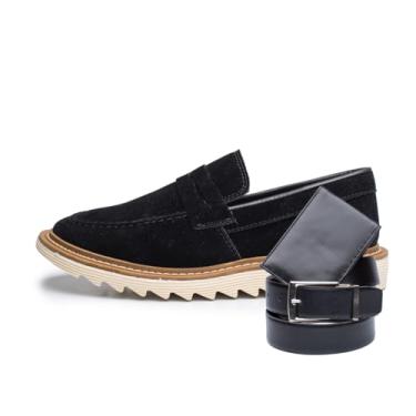 Imagem de ThézB Sapato Social Oxford Masculino em Couro Sintético, Sola Tratorada, Estilo Brogue com Carteira e Cinto, Marrom (Preto Off, BR, Adulto, Numérico, 37)