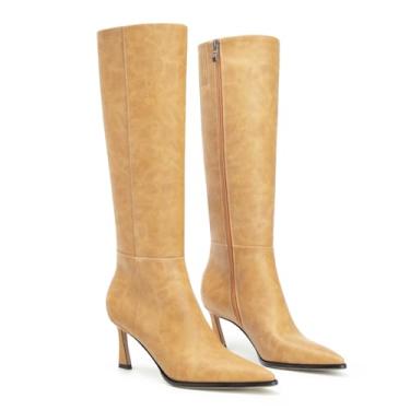 Imagem de Gothictor Botas de cano alto femininas bico fino salto alto salto alto com zíper lateral botas longas, Banana_pu, 39