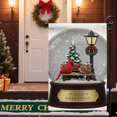 Imagem de Bandeira de jardim de Natal 30,5 x 45,7 cm - Bandeira pequena de decoração de jardim de dupla face, globo de neve de Natal impresso com pássaros, árvore e guirlanda para decorações de quintal de