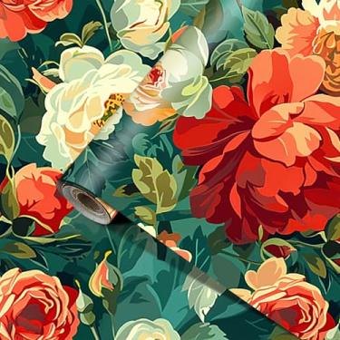 Imagem de HOMETITUTE Papel de parede floral para descascar e colar papel de parede floral vintage papel de parede autoadesivo PVC design rosa botânico removível 39,9 cm x 100,1 cm para quarto, sala de estar