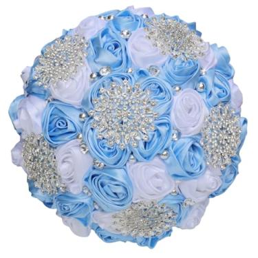 Imagem de Gkvszy Buquê de noiva azul claro e branco para noiva, dama de honra, quinze anos, com broche de floco de neve, strass, pérola, cetim, rosa, buquê de flores, azul claro e branco, 25 cm
