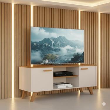 Imagem de Rack TV 50 Polegadas com Prateleiras e Nichos 120cm Rebeca, Estante para Sala de Estar, Painel Bancada TV Moderna, Móvel Organizador (Off White)