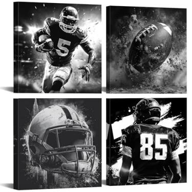 Imagem de 4 peças de arte de parede em tela esportiva decoração de quarto de meninos vintage rúgbi futebol americano decoração de parede pôster tema esportivo preto e branco impressões arte homens menino quarto