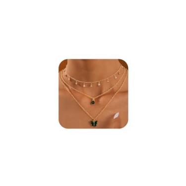 Imagem de Colares femininos com pingente de gota d'água de borboleta de cristal verde em camadas, delicada, boêmio, pequenas contas, borla, gargantilha, colar, festa, bijuteria, presente, One Size, Metal, Sem