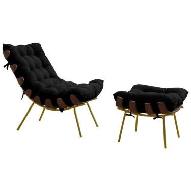 Imagem de Poltrona e Puff Abel Base de Madeira Dourada Veludo Preto