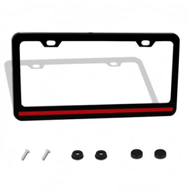 Imagem de Moldura de placa de licença de linha vermelha fina - 1 pacote com suporte de placa de carro personalizado para bombeiros alumínio metal preto linha vermelha capa de etiqueta de carro com 2 furos