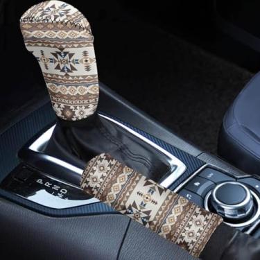 Imagem de Horeset Pacote com 2 peças Aztec para câmbio de marchas e travão de mão, capa de proteção de manípulo interior do automóvel, acessórios para proteção de alavanca de câmbio