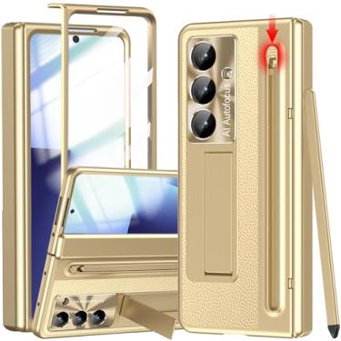 Imagem de YQODSZ Capa para Samsung Galaxy Z Fold 7 com suporte para caneta S e caneta Stylus, capa dobrável de couro PU com suporte protetor de tela embutido para câmera Z Fold 7 Gold
