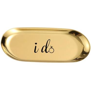 Imagem de I Do Bandeja de joias de metal dourado, design gravado a laser, 18 x 9 cm, organizador decorativo, bugiganga de diamante – suporte de joias, presentes de noivado para casais, casamento de noiva