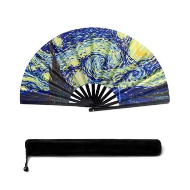 Imagem de Céu estrelado de 33 cm, grande leque de mão para dança de linha, botas de seda premium no chão, ventilador chinês de rave para mulheres, dançarina, drag queen, qualquer pessoa no mês do orgulho festa