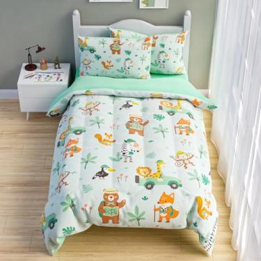 Imagem de SANDJEST Jogo de cama casal de animais da selva, 248 x 218 cm, para crianças, meninos, 4 peças, inclui 1 edredom, 2 fronhas, 1 lençol com elástico, decoração de quarto de berçário