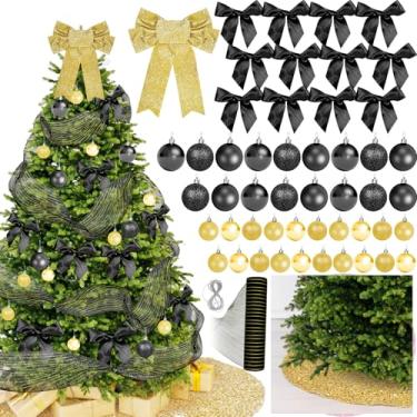 Imagem de Cinrobiye Conjunto de decoração de árvore de Natal, incluindo 48 bolas de enfeites de Natal, 12 laços, topo de árvore, saia de árvore, fita de malha para árvores de Natal, guirlanda de festa de Natal