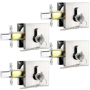 Imagem de Probrico Fechaduras de cilindro duplo com chave (pacote com 4) Fechaduras de porta de entrada e porta frontal Conjunto quadrado de níquel escovado com as mesmas chaves, ferragens antifurto para portas