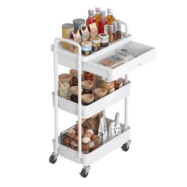 Imagem de TLTDSMYF Carrinho de cozinha com gaveta e prateleira Carrinho utilitário de plástico em rodas de metal para escritório, banheiro e cozinha Carrinho de serviço móvel com armazenamento