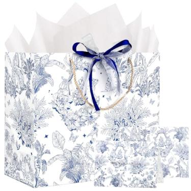 Imagem de Conjunto de sacolas de presente de flores azuis grandes de 35 cm com cartão comemorativo, 2 papéis de seda e fita para comemorar aniversário, Natal, chá de bebê, festa infantil e feriados