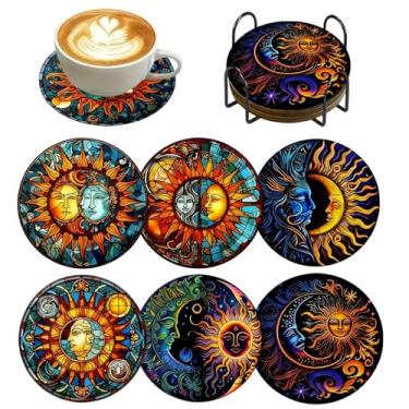 Imagem de Conjunto de 6 porta-copos para decoração de sol e lua, porta-copos de madeira para casa nova, apartamento, cozinha, bar, sala de estar