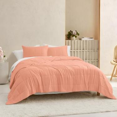Imagem de Wonderful Conjunto de colcha reversível de malha de jérsei rosa pêssego, tamanho Queen, 3 peças costuradas em caixa, sensação fresca, macio, luxuoso, lavável na máquina, conjunto de cama respirável e