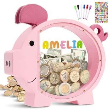 Imagem de Cofrinho de madeira personalizado para crianças, jarra inquebrável para economizar dinheiro para meninos e meninas, cofre com nome personalizado DIY com adesivos de letras para aniversários, Natal e