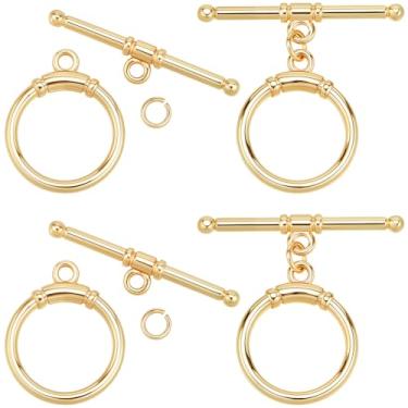 Imagem de Beebeecraft 1 caixa, 10 peças, fechos de alternância de latão banhado a ouro 18 K, fecho em T, conectores de aplausos redondos com anéis de salto para fabricação de colares e pulseiras