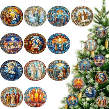 Imagem de Soulchen 24 peças de enfeites de presépio decorações de árvore de Natal decorações religiosas de dupla face para pendurar natividade Jesus ornamento para árvore de Natal, decoração de casa religiosa