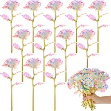 Imagem de Lyrow 12 peças de flores rosa galáxia, presente de dia dos namorados, flores com hastes, presente para ela, para sempre, rosa de cristal falso de 24 k para decoração de aniversário e casamento, 25 cm